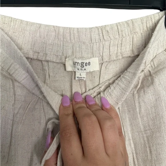 NWOT Umgee High Waisted Beige Linen Wide Leg Crochet Detail Pants Size L - Picture 6 of 7